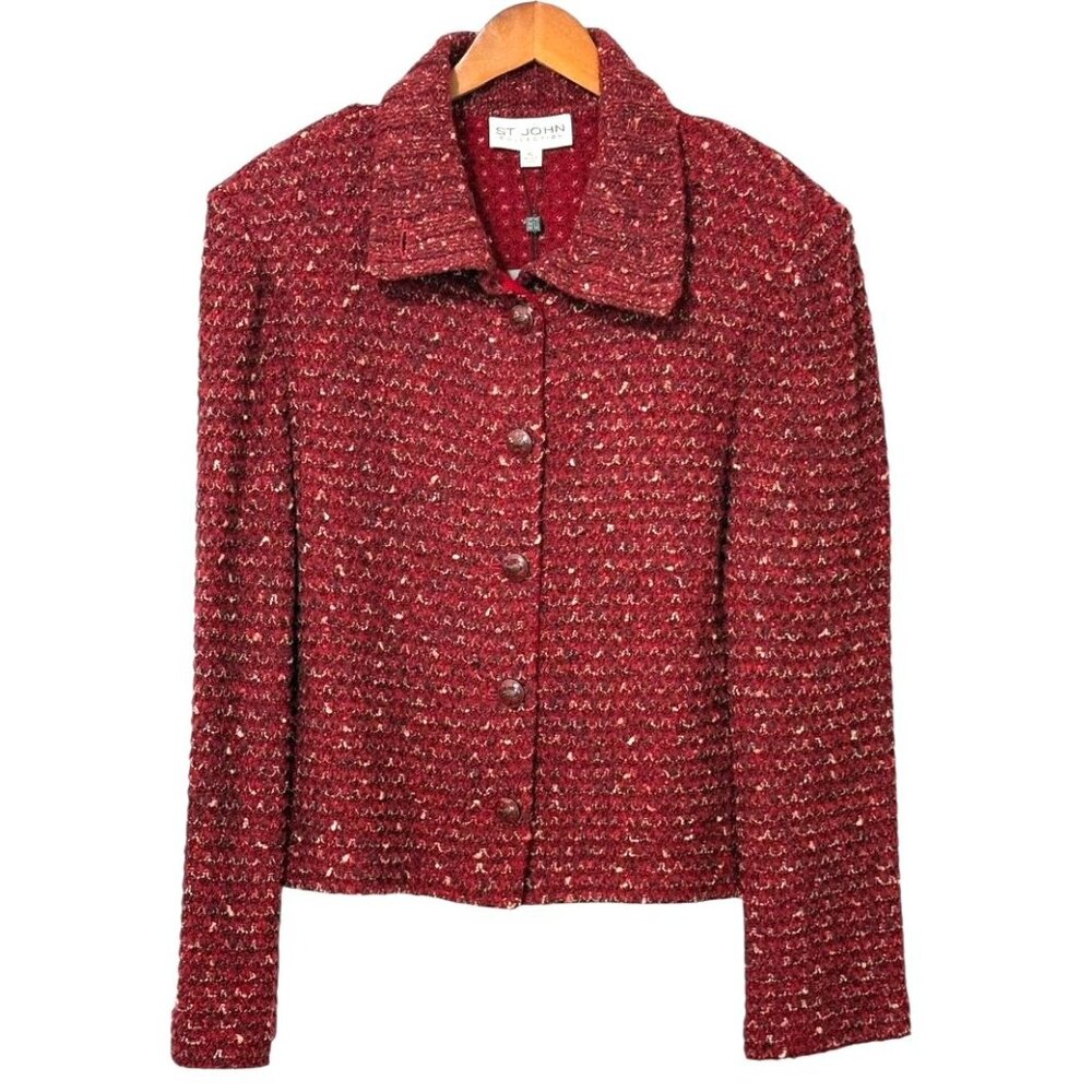 St. John Collection Claret Classic Knit Tweed Boucle Jacket Button Down Size XL - Picture 12 of 12